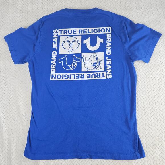 Men's True Religion Buddha & Horseshoe Logo T-Shirt Blue Short Sleeve Medium - Picture 2 of 6